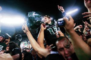 JAMM AQUINO / 2007
                                Colt Brennan was carried in the postgame celebration after the Hawaii football team beat Boise State at Aloha Stadium in 2007.