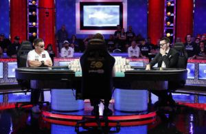 ASSOCIATED PRESS
                                Hossein Ensan, of Germany, left, and Dario Sammartino, of Italy, play at the final table of the World Series of Poker main event in 2019 in Las Vegas.