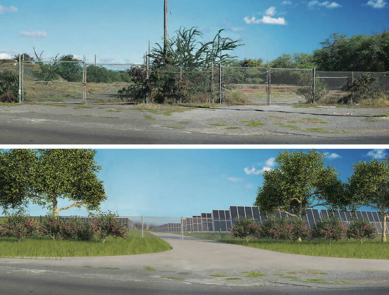 STATE DEPARTMENT OF HAWAIIAN HOME LANDS
                                A rendering from a report titled “Barbers Point Solar Project” shows the current view of Coral Sea Road, top, and the proposed view, below it, with solar panels and landscaping.