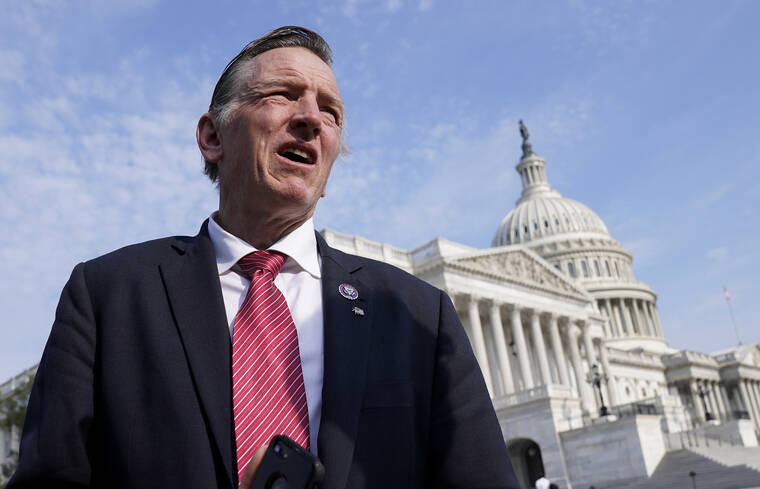 ASSOCIATED PRESS
                                Rep. Paul Gosar, R-Ariz., waited for a news conference about the Delta variant of COVID-19 and the origin of the virus, at the Capitol in Washington, July 22. Gosar is facing criticism after he tweeted a video that included altered animation showing him striking congresswoman Alexandria Ocasio-Cortez with a sword.