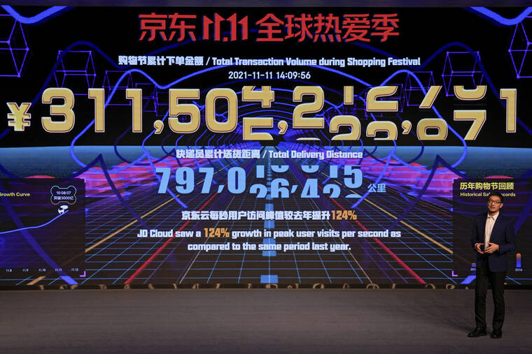 ASSOCIATED PRESS
                                Liu Hui, Director of JD Consumption and Industrial Development Research Institute, spoke in front of a display showing live sales figures for China’s biggest online shopping day, known as “Singles’ Day” at the headquarters of online retailer JD.com in Beijing, Thursday.