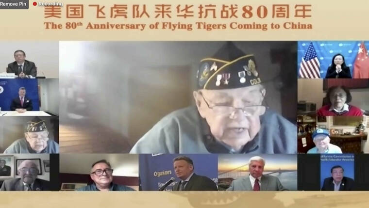 CHINESE PEOPLE’S ASSOCIATION OF FRIENDSHIP WITH FOREIGN COUNTRIES VIA AP
                                Bill Peterson, Flying Tiger veteran speaks during a video conference call on the 80th anniversary of Flying Tigers Coming to China event in Beijing, China. Veterans, historians and officials from China and the United States celebrated the 80th anniversary of the Flying Tigers, an air unit that delivered aid to Chinese troops fighting the Japanese military occupation during World War II. The meeting on Tuesday was a reminder of positive historic ties between China and the U.S. on the same day the two countries’ leaders spoke after years of rising tensions between the world’s largest economies.