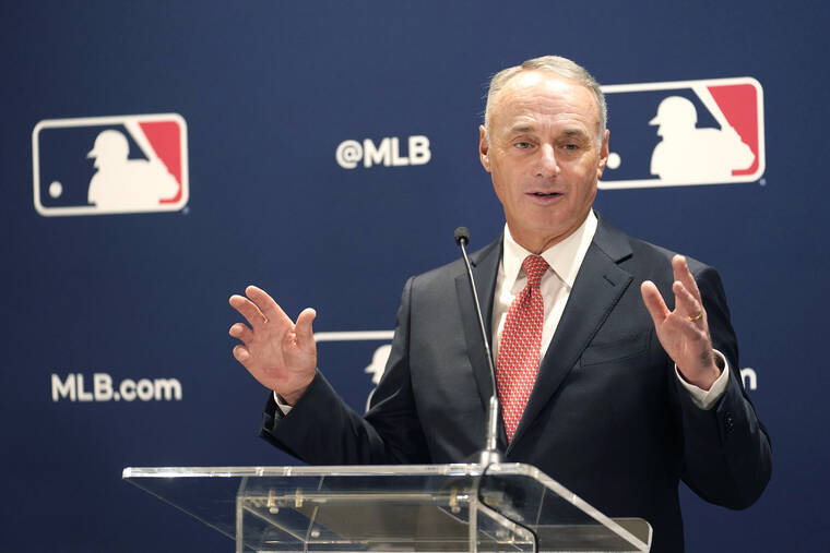 ASSOCIATED PRESS
                                Major League Baseball commissioner Rob Manfred responds to a question today during a news conference in Chicago.