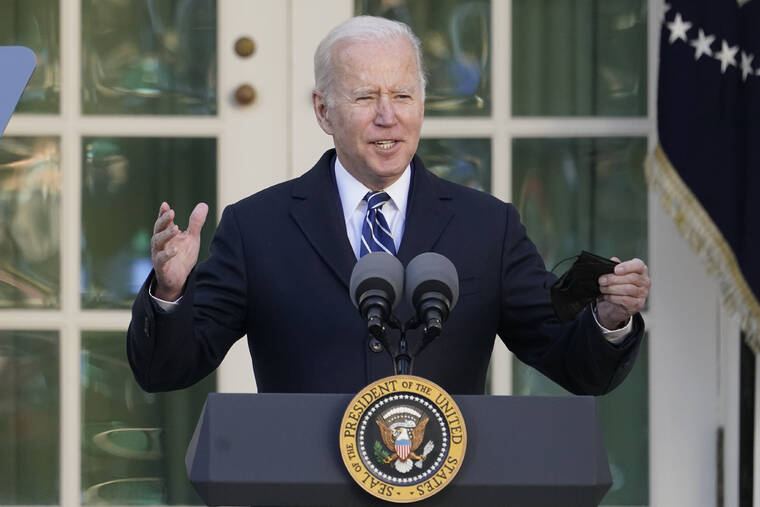 ASSOCIATED PRESS
                                President Joe Biden speaks during a ceremony in the Rose Garden of the White House Friday.