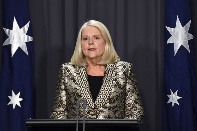 AAP IMAGE VIA AP
                                Australian Home Affairs Minister Karen Andrews address a press conference at Parliament House in Canberra, Australia, on Wednesday.
