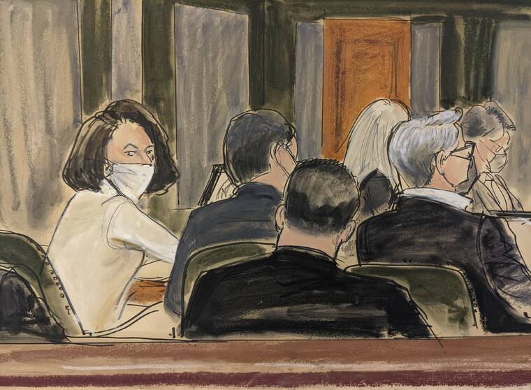 ASSOCIATED PRESS
                                In this courtroom sketch, Ghislaine Maxwell sits at the defense table during final stages of jury selection today in New York. Two years after Jeffrey Epstein’s suicide behind bars, a jury is set to be picked in New York City to determine a central question in the long-running sex trafficking case: Was his longtime companion, Ghislaine Maxwell, Epstein’s puppet or accomplice?