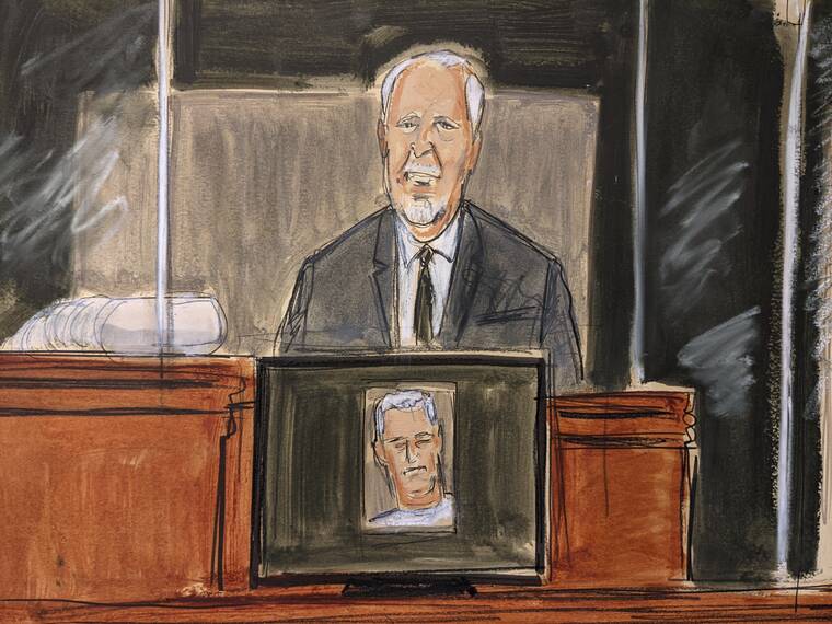 ASSOCIATED PRESS
                                In this courtroom sketch, Lawrence Paul Visoski Jr., who was one of Jeffrey Epstein’s pilots, testified on the witness stand during Ghislaine Maxwell’s sex trafficking trial, Monday, in New York.