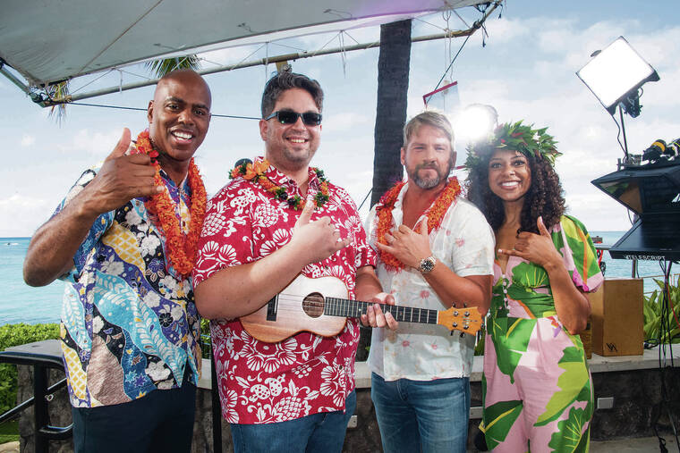 CRAIG T. KOJIMA / CKOJIMA@STARADVERTISER.COM
                                The Hawaii Visitors and Convention Bureau partnered with Sheraton Waikiki and Hawaiian Airlines to bring “Entertainment Tonight” to Hawaii this week. The show’s co-hosts, Kevin Frazier, left, and Nischelle Turner, far right, are pictured with Kaili Wells Jr. and Zachary Knighton.