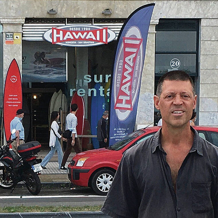 In September, Dusty Loffarelli of Waikiki snapped a selfie in front of the Hawaii surf shop in Donostia-San Sebastian, Spain. He writes the main surf beach — Playa Zurriola Hondartza — is right across the street from the shop.