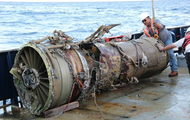 NTSB PHOTO BY CLINT CROOKSHANKS
                                The number one (left) engine on the Bold Horizon was seen, Oct. 16, after it was recovered about two miles off Ewa Beach near Honolulu. The TransAir B-737 cargo jet was ditched after the flight crew reported engine anomalies shortly after departing Daniel K. Inouye International Airport on July 2.
