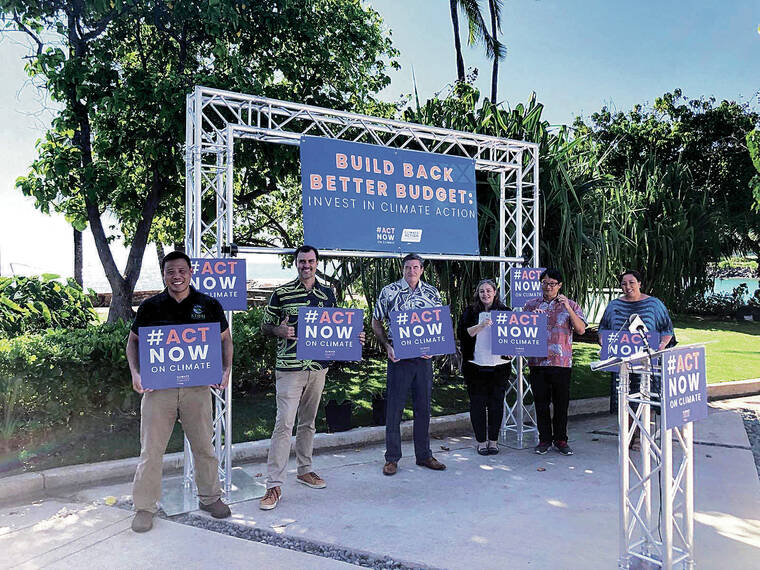 COURTESY CLIMATE ACTION CAMPAIGN
                                From left, John Leong, CEO of Kupu Hawai, Josh Stanbro, policy fellow, Elemental Excelerator, along with Honolulu City Council Chair Tommy Waters, Hawaii Rep. Nicole Lowen, Wayne Tanaka, executive director, Sierra Club of Hawaii, and Laura Kaakua, president and CEO of Hawaii Land Trust, stand in their support of the Build Back Better Act.