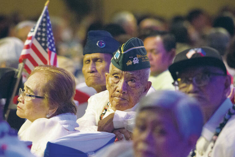 STAR-ADVERTISER
                                In May 2018, Filipino veterans Aquilino A. Jacob and Victorino Larilla watched a film about the Bataan Death March at the Hilton Hawaiian Village. Retired Army Maj. Gen. Antonio Taguba presented 94-year-old WWII veteran Domingo Los Banos with a bronze replica of the Congressional Gold Medal at the event.