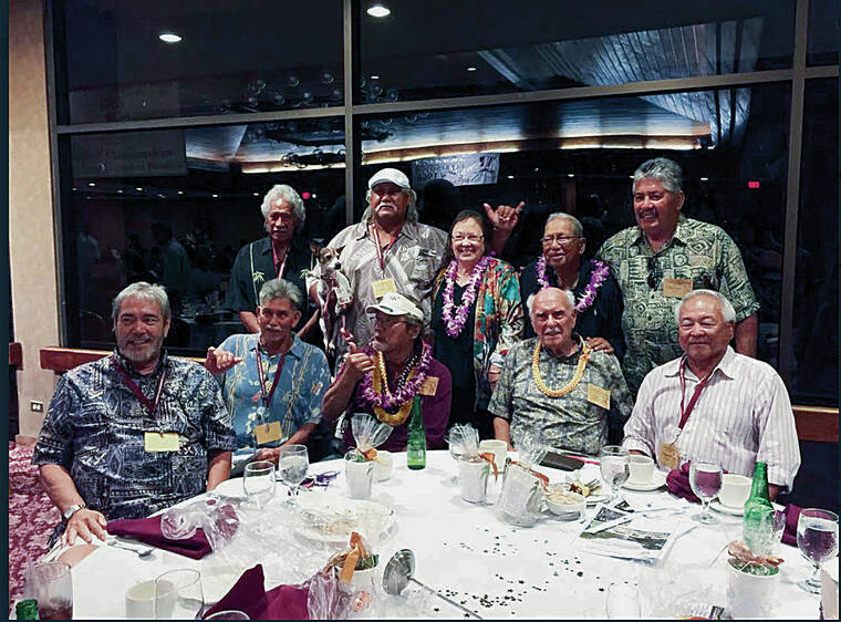 COURTESY JOY KAWASAKI 
                                Members of the 1965 Farrington team gathered, along with writer Jim Becker, during the 50th anniversary of that graduating class in 2016 at the Honolulu Country Club. They are, front row from left, Gordon Hunter, Tom Collier, Stan Cadiente, Jim Becker and Tom Gushiken. Back row are Henry Dela Cruz, Joe Gomes, Aulii and Harry Pacarro and Horace Todd.