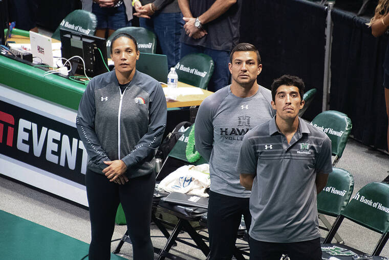 CRAIG T. KOJIMA / CKOJIMA@STARADVERTISER.COM 
                                Head coach Robyn Ah Mow, with assistant coaches Kaleo Baxter and Nick Castello before game at match last Sunday against UC San Diego.