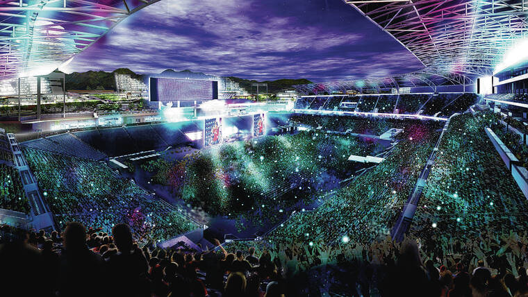COURTESY CRAWFORD ARCHITECTS
                                This rendering shows what a nighttime concert at a new Aloha Stadium might look like from an upper makai-side level facing a stage at the 50-yard line with video board backdrop.