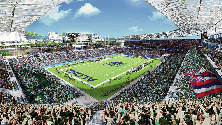 COURTESY CRAWFORD ARCHITECTS
                                This conceptual rendering shows what an afternoon football game might look like at a new Aloha Stadium from an upper makai-side level.