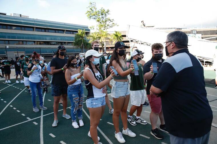 JAMM AQUINO / JAQUINO@STARADVERTISER.COM
                                People stood in line to enter Clarence T.C. Ching Athletic Complex for the University of Hawaii football game against San Diego State.