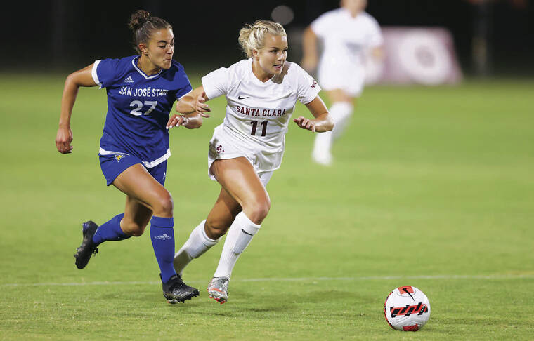 SANTA CLARA ATHLETICS
                                Santa Clara senior forward Kaile Halvorsen, right, chased down a ball in a 3-0 win over San Jose State.in the Broncos’ season opener on Aug. 19. Halvorsen, a Kaiser graduate, played 45 minutes in the match.