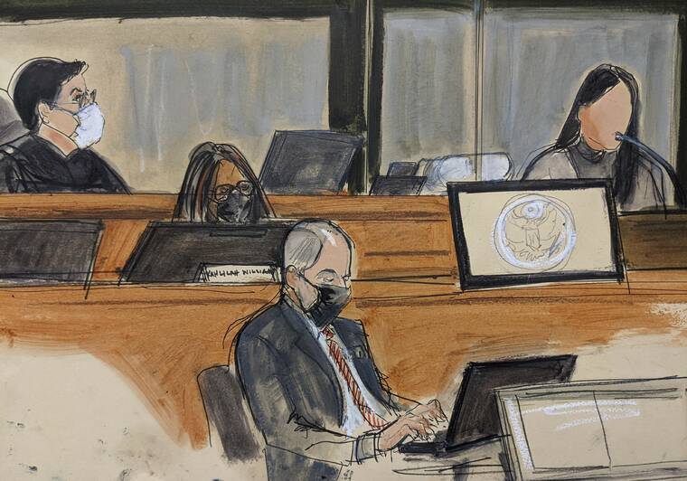 ELIZABETH WILLIAMS VIA AP / NOV. 30
                                In this courtroom sketch, Judge Alison Nathan, far left, listens as a witness using the pseudonym “Jane” testifies during Ghislaine Maxwell’s trial in New York. The woman testified that she had repeated sexual contact with disgraced financier Jeffrey Epstein when she 14 and that Maxwell was there when it happened.