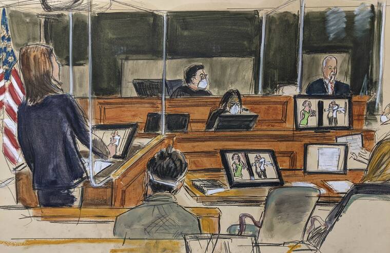 ASSOCIATED PRESS / NOV. 30
                                In this courtroom sketch, assistant U.S. attorney Maurene Comey, left, conducts a direct examination of former Jeffrey Epstein pilot Lawrence Visoski in New York. Photos of former Epstein assistant Sarah Kellen are displayed on monitors, one also showing Epstein. A longtime pilot for the late financier Jeffrey Epstein resumed his testimony at Ghislaine Maxwell’s sex trafficking trial Tuesday, saying that the British socialite charged with helping the financier find teenage girls to sexually abuse was “Number 2” in the hierarchy of Epstein’s operations.