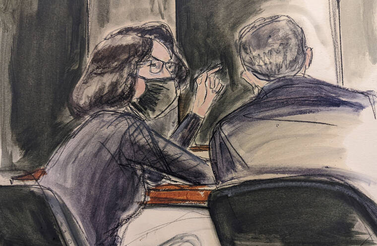 ASSOCIATED PRESS
                                In this sketch, Ghislaine Maxwell, seated left speaks to her defense attorney Christian Everdell prior to the testimony of “Kate,”during the trial of Ghislaine Maxwell today in New York.