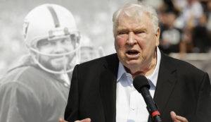AP / 2015
                                Former Oakland Raiders head coach John Madden speaks about former quarterback Ken Stabler, pictured at rear, at a ceremony honoring Stabler during halftime of an NFL football game between the Raiders and the Cincinnati Bengals in Oakland, Calif.
