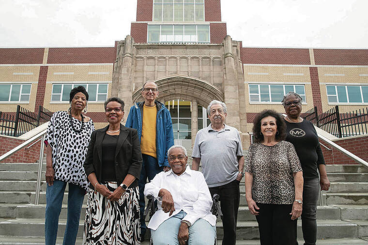 PHILADELPHIA INQUIRER / TNS PHOTO
                                Barbara Fisher Richardson, left, Delia Ford Brown, Ira Back, A. Dolores Rozier, Ron Venella, Dolores Firth Bailey and Shirley Edwards Tompkins, all of the Camden High School class of 1960, pose for a photo in front of New Jersey’s Camden High School.
