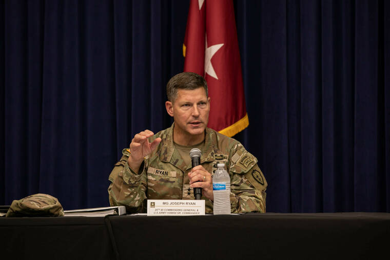 COURTESY U.S. ARMY
                                U.S. Army Maj. Gen. Joseph Ryan, commanding general of the 25th Infantry Division, speaks at a town hall at the Aliamanu Military Reservation Chapel on Friday.