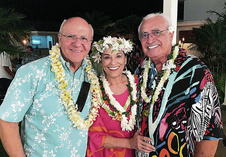 COURTESY BOB SIGALL
                                Mayor Rick Blangiardi with Cha and Jack Thompson, who founded Tihati Productions 52 years ago.
