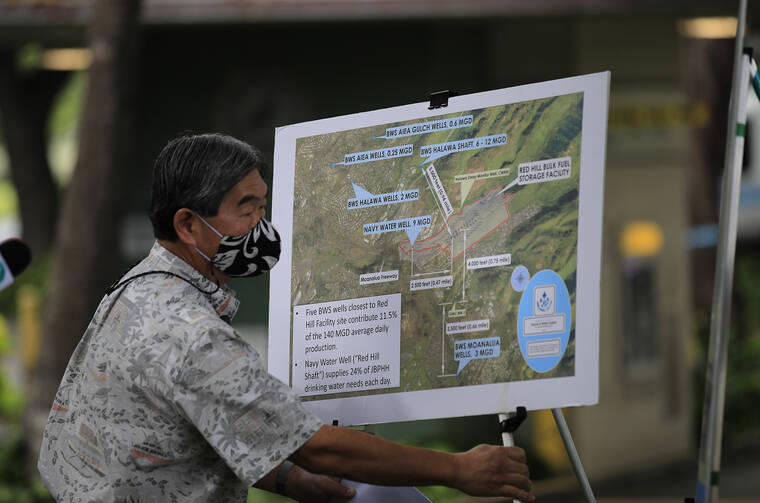 JAMM AQUINO / JAQUINO@STARADVERTISER.COM
                                Ernest Lau, Board of Water Supply manager and chief engineer, sets up a diagram during a news conference on Tuesday.