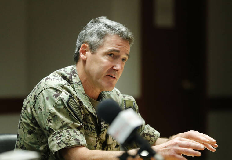JAMM AQUINO / JAQUINO@STARADVERTISER.COM
                                Rear Adm. Blake Converse spoke during a news conference on Dec. 6 at Joint Base Pearl Harbor Hickam. He spoke Wednesday with lawmakers during a joint briefing before the Senate Committee on Health and the House Committee on Health, Human Services and Homelessness.