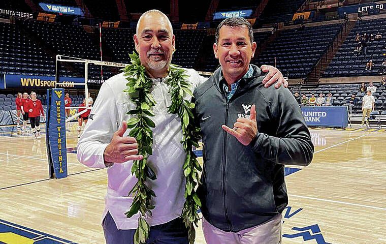 COURTESY KAI KAHELE
                                U.S. Rep. Kai Kahele, right, drove to Morgantown and surprised West Virginia volleyball coach Reed Sunahara to award the former Hilo star athlete with the inaugural certificate of congratulations from the newly formed U.S. House Volleyball Caucus.