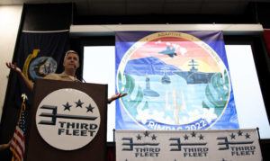 COURTESY U.S. NAVY
                                Vice Adm. Steve Koehler, commander, U.S. 3rd Fleet, reveals the official Exercise Rim of the Pacific (RIMPAC) 2022 logo during the RIMPAC 2022 mid-planning conference Tuesday at Naval Base Point Loma in San Diego.
