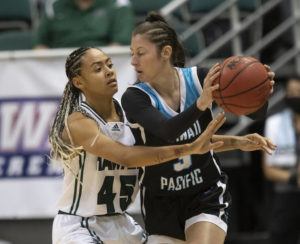 GEORGE F. LEE / GLEE@STARADVERTISER.COM
                                University of Hawaii Rainbow Wahine Olivia Davies guarded Hawaii Pacific University Sharks Amy Baum closely in a basketball game, at SimpliFi Arena, Stan Sheriff Center.