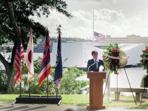 WILLIAM COLE / WCOLE@STARADVERTISER.COM
                                Yutaka Aoki, consul general of Japan in Honolulu, spoke at Thursday’s “Lives Remembered” ceremony on Ford Island, which memorializes U.S. and Japanese dead from the Dec. 7, 1941, attack.
