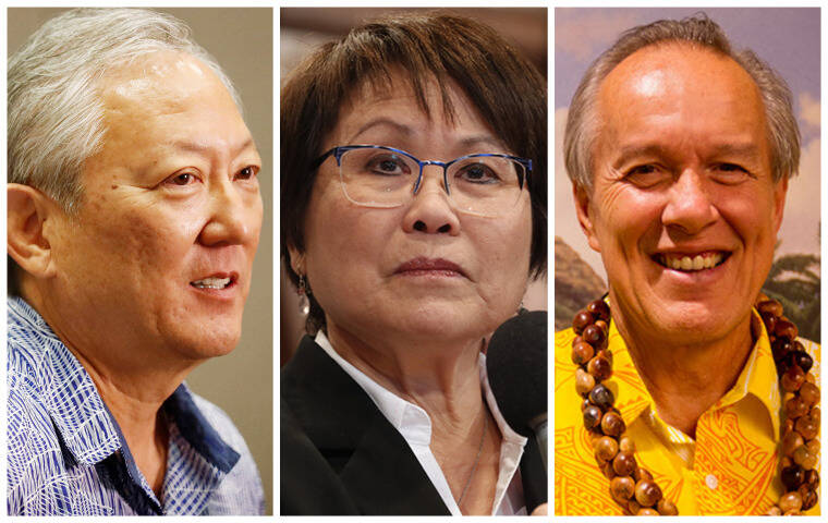 STAR-ADVERTISER
                                Pictured are former Honolulu Managing Director Roy Amemiya Jr., former Corporation Counsel Donna Leong and former Honolulu Police Commission Chairman Max Sword. The three former Honolulu officials turned themselves in to the FBI in Kapolei this morning as part of a federal probe in the Kealoha scandal.