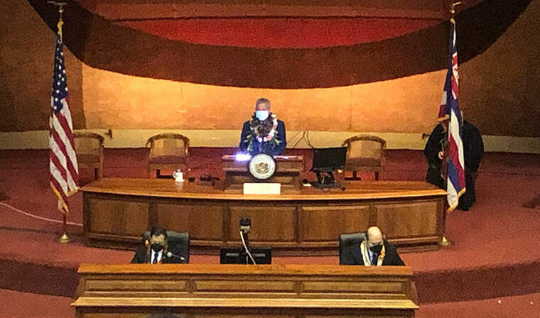 CRAIG T. KOJIMA / CKOJIMA@STARADVERTISER.COM
                                State House Speaker Scott Saiki is pictured at the podium during the Opening Day ceremony of the legislative session for the House.