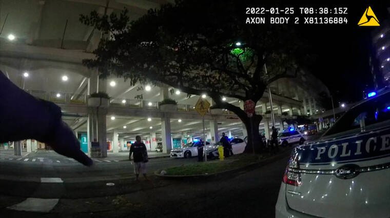 STAR-ADVERTISER SCREENSHOT VIA VIDEO PROVIDED BY STEVE ALM
                                This body-worn camera footage shows the view from the Honolulu police officer attempting to get knife-wielding suspect Ricky L. Kaleopaa to surrender peacefully outside Ala Moana Center before the shooting.