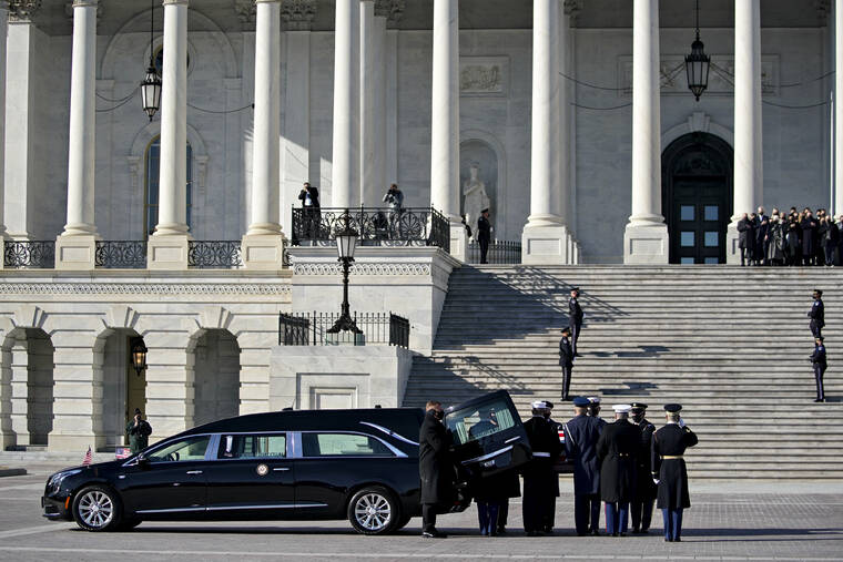 AL DRAGO/POOL VIA ASSOCIATED PRESS
                                The flag-draped casket of the late Sen. Harry Reid, D-Nev., arrived at the U.S. Capitol where he will lie in state, today, in Washington. Reid, who served five terms in the Senate, will be honored today in the Capitol Rotunda during a ceremony closed to the public under COVID-19 protocols.