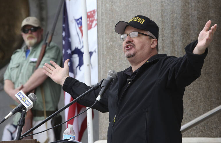 AP PHOTO/JOURNAL INQUIRER, JARED RAMSDELL, FILE
                                Stewart Rhodes, founder of the Oath Keepers, spoke during a gun-rights rally at the Connecticut State Capitol in Hartford, Conn., in April 2013. Rhodes and 10 other members or associates have been charged with seditious conspiracy in the violent attack on the U.S. Capitol, authorities said today.