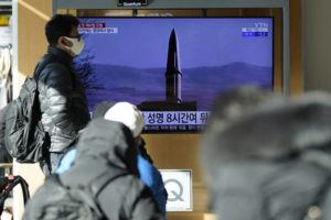 ASSOCIATED PRESS
                                People watched a TV screen showing a news program reporting about North Korea’s missile launch with a file image, at a train station in Seoul, South Korea, Monday. North Korea on Monday fired two suspected ballistic missiles into the sea in its fourth weapons launch this month, South Korea’s military said, with the apparent goal of demonstrating its military might amid paused diplomacy with the United States and pandemic border closures.