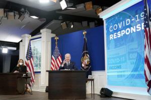 ASSOCIATED PRESS
                                President Joe Biden, accompanied by FEMA administrator Deanne Criswell, spoke about the government’s COVID-19 response, in the South Court Auditorium in the Eisenhower Executive Office Building on the White House Campus in Washington, Jan. 13.