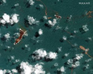 MAXAR TECHNOLOGIES VIA AP
                                A satellite image provided by Maxar Technologies shows a general view of Hunga Tonga Hunga Ha’apai volcano today.