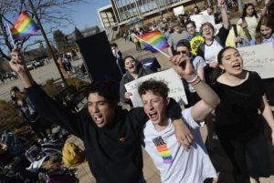 ASSOCIATED PRESS
                                Lorenzo Larios, left, and Danny Niemann chant “gay rights” as they join a student protest outside the student center at Brigham Young University in Provo, Utah on March 4, 2020. The U.S. Department of Education has opened a civil-rights investigation into how LGBTQ students are disciplined at Brigham Young University, a private religious school. The complaint under investigation came after the school said it would still enforce a ban on same-sex dating even after that section was removed from the written version of the school’s honor code, the Salt Lake Tribune reported.