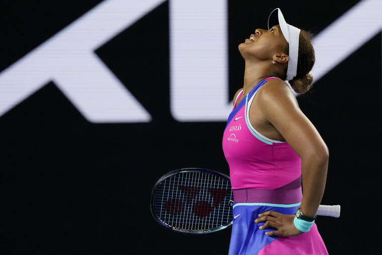 ASSOCIATED PRESS
                                Naomi Osaka of Japan reacted during her third-round match against Amanda Anisimova of the U.S. at the Australian Open tennis championships in Melbourne, Australia, Friday.