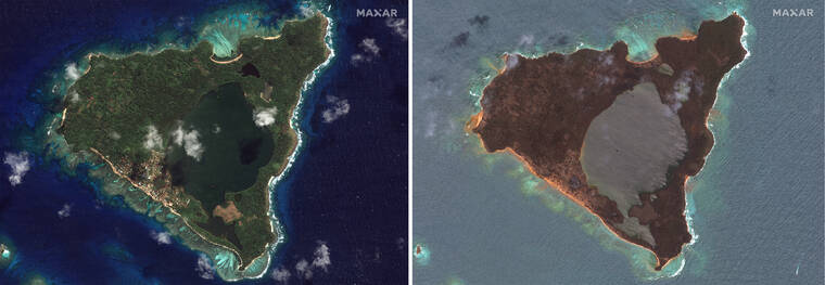 MAXAR TECHNOLOGIES VIA AP
                                This combination of this satellite images provided by Maxar Technologies shows an overview of Nomuka in the Tonga island group on Aug. 17, 2020, left, and Thursday, right, showing the damage after the Jan. 15 eruption.