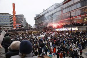 TT NEWS AGENCY / AP
                                Protestors gather to demonstrate against the coronavirus measures including the vaccine pass, in Stockholm, Sweden, Saturday.