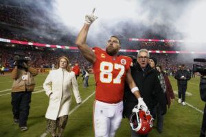 ASSOCIATED PRESS
                                Kansas City Chiefs tight end Travis Kelce walks off the field after Sunday’s game. The Chiefs won 42-36 in overtime.