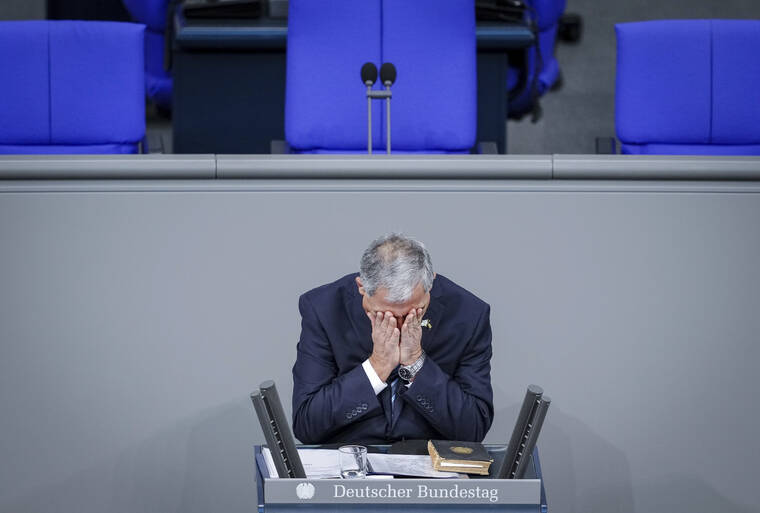 KAY NIETFELD/DPA VIA ASSOCIATED PRESS
                                Mickey Levy, Speaker of the Knesset, reacted during the commemoration of the “Day of Remembrance of the Victims of National Socialism” in the German Bundestag, Berlin, today.