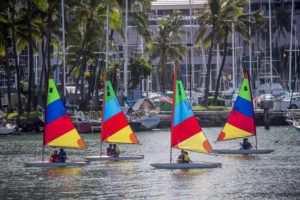 STAR-ADVERTISER / 2019
                                These colorful 2 person sailing boats practice in the waters between Magic Island and the Ala Wai Boat Harbor.